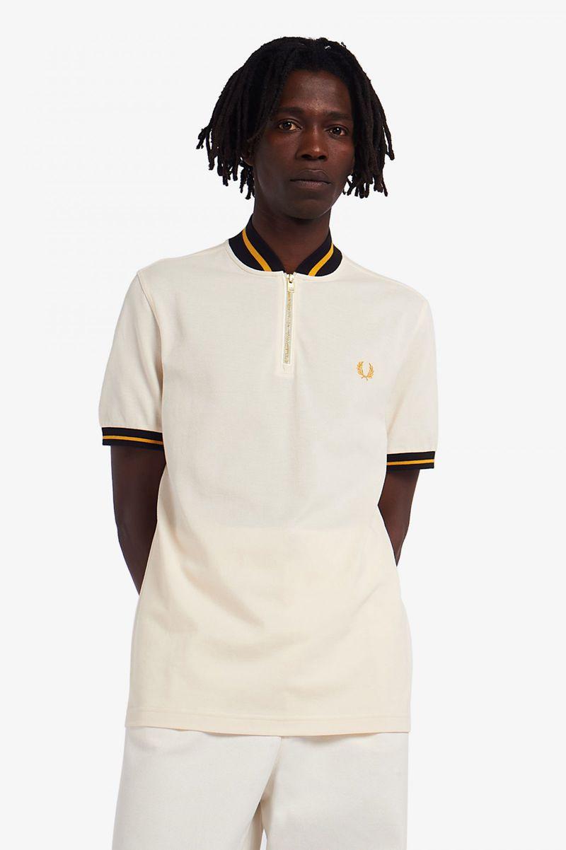 White Fred Perry Striped Bomber Neck Polo Men\'s Shirts | PH 1534HAPK